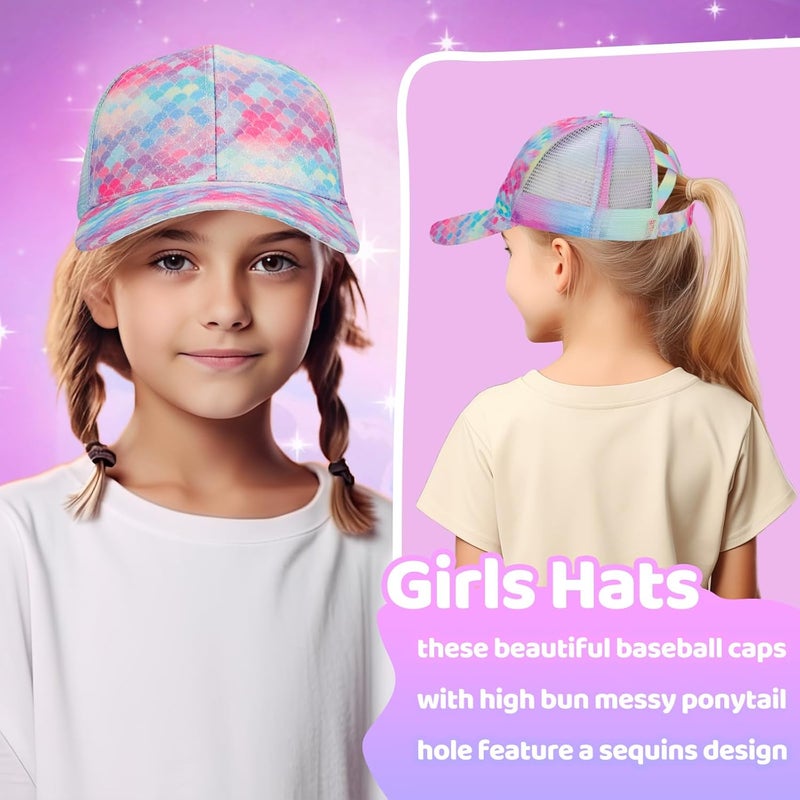 BROMZ Girls Glitter Baseball Cap Kids Ponytail Hat Adjustable Summer Mesh Trucker Hats for 4-12 Years - Image 2